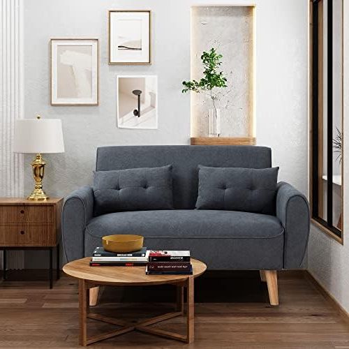 Trendy Dark Grey Loveseat Sofas Pertaining To Amazon: Shintenchi 47" Small Modern Loveseat Couch Sofa, Fabric  Upholstered 2 Seat Sofa, Love Seat Furniture With 2 Pillows, Wood Leg For  Small Space, Living Room, Bedroom, Apartment, Dark Grey : Home & (View 6 of 10)