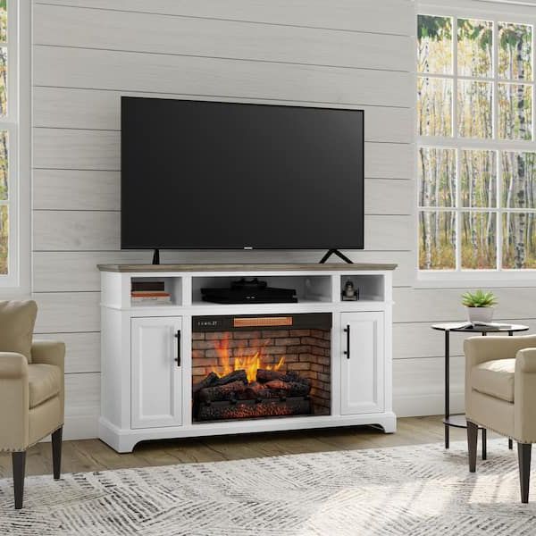 Trendy Home Decorators Collection Hillrose 52 In. Freestanding Electric Fireplace  Tv Stand In White With Rustic Taupe Oak Top 2240fm 26 201 – The Home Depot Inside Electric Fireplace Entertainment Centers (Photo 2 of 10)