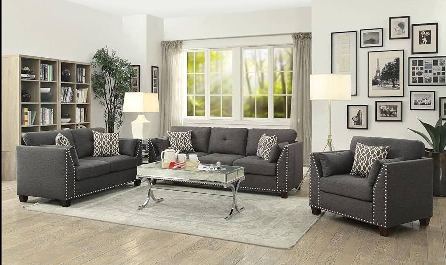 Trendy Light Charcoal Linen Sofas Regarding Amazon: Acme Laurissa Tufted Sofa With Nailhead Trim In Light Charcoal  Linen Fabric : Home & Kitchen (Photo 1 of 10)