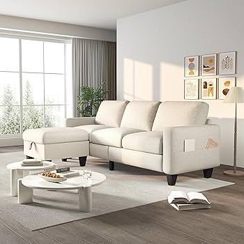 Trendy Small L Shaped Sectional Sofas In Beige For Amazon: Zeefu Convertible Sectional Sofa Couch,beige Linen Fabric  Modern 3 Seat L Shaped Upholstered Furniture With Storage Reversible  Ottoman And Pockets For Living Room Small Space Apartment : Home & Kitchen (View 7 of 10)