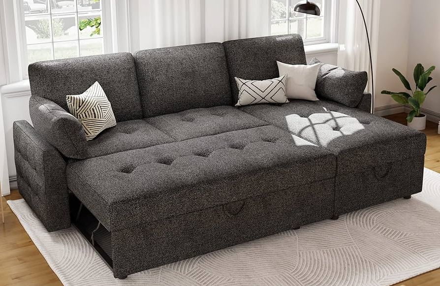 Tufted Convertible Sleeper Sofas Inside Famous Amazon: Papajet Pull Out Sofa Bed, Modern Tufted Convertible Sleeper  Sofa, L Shaped Sofa Couch With Storage Chaise, Chenille Sectional Couch Bed  For Living Room (dark Grey) : Home & Kitchen (Photo 3 of 10)