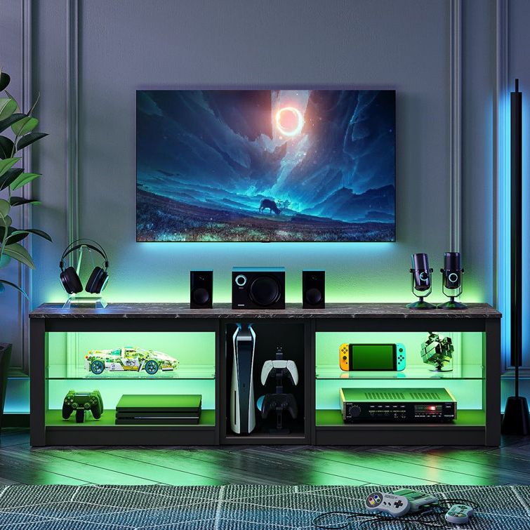 Tv Stands With Led Lights & Power Outlet Throughout Widely Used Ebern Designs Jacobina Tv Stand For Tvs Up To 70 Inch, Gaming Entertainment  Center For Ps5, Led Tv Cabinet With Power Outlet & Glass Shelves & Reviews (View 5 of 10)