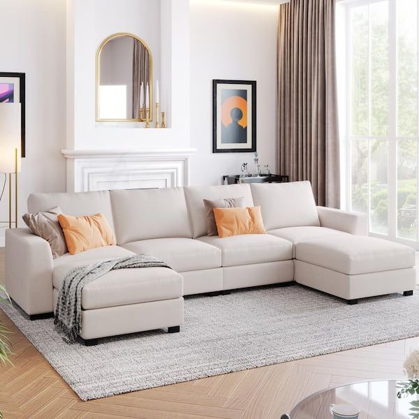 U Shaped Couches In Beige Inside Widely Used Harper & Bright Designs 130.7 In. W Square Arm 3 Piece Polyester U Shaped  Modern Sectional Sofa In Beige Wyt104aaa – The Home Depot (Photo 1 of 10)