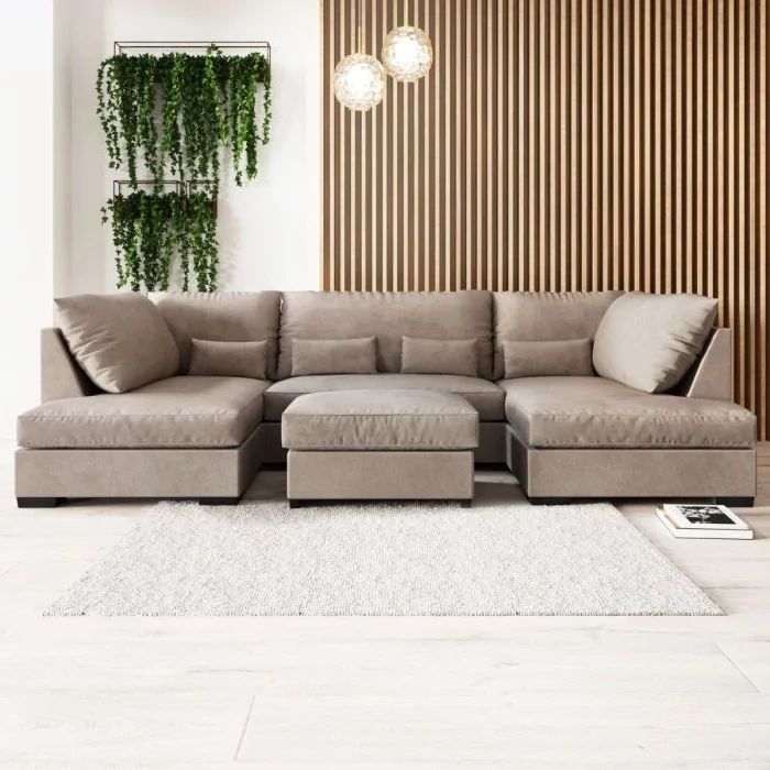 U Shaped Sofa And Footstool Set In Woven Beige – Madison Pertaining To Current U Shaped Couches In Beige (Photo 10 of 10)