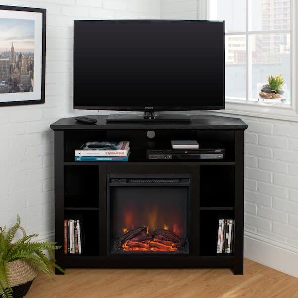 Walker Edison Furniture Company Highboy 44 In. Black Mdf Corner Tv Stand 48  In. With Electric Fireplace Hd44fphbcbl – The Home Depot Throughout Fashionable Wood Highboy Fireplace Tv Stands (Photo 6 of 10)