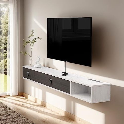 Wall Mounted Floating Tv Stands Inside Popular Amazon: Pmnianhua Floating Tv Shelf,70'' Wall Mounted Floating Tv Stand  Unit Media Console Wall Tv Console Cabinet Media Entertainment Shelf With 2  Doors For Tvs Up To 75 Inch (greyish White) : Home (Photo 3 of 10)
