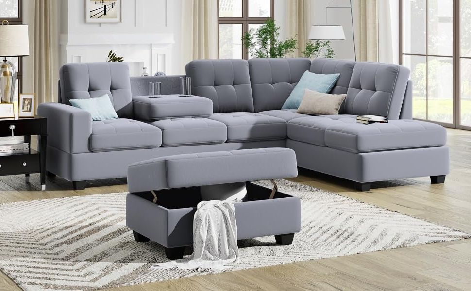 Well Known 104" Sectional Sofas Intended For Amazon: Merax L Shaped 104" Sectional Sofas 3 Seat Sofa Sets Sectional  Sofa Couches With Reversible Chaise Lounge, Cup Holders And Storage Ottoman  For Living Room Furniture, Antique Grey : Home & Kitchen (Photo 1 of 10)