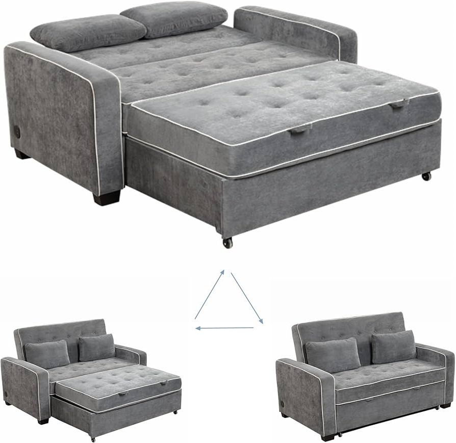 Well Known 3 In 1 Gray Pull Out Sleeper Sofas In Amazon: Gynsseh Pull Out Sofa Sleeper, 3 In 1 Convertible Sleeper Sofa  Bed With Dual Usb Ports & 2 Pillows, Linen Upholstered Loveseat Sleeper  Couch With Pull Out Bed, Full Size, S1 Blue (Photo 1 of 10)