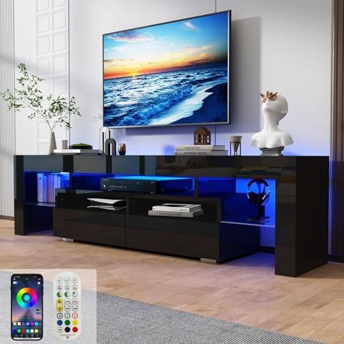Well Known Amazon: Uspeedy 63in Tv Stand For 65/70 Inch Tv,modern Led Tv Stand For  Living Room,black Tv Stand,high Gloss Tv Entertainment Center With Storage  Drawer,app Rgb Light,tv Console(63in Black) : Home & Kitchen Regarding Black Rgb Entertainment Centers (View 9 of 10)