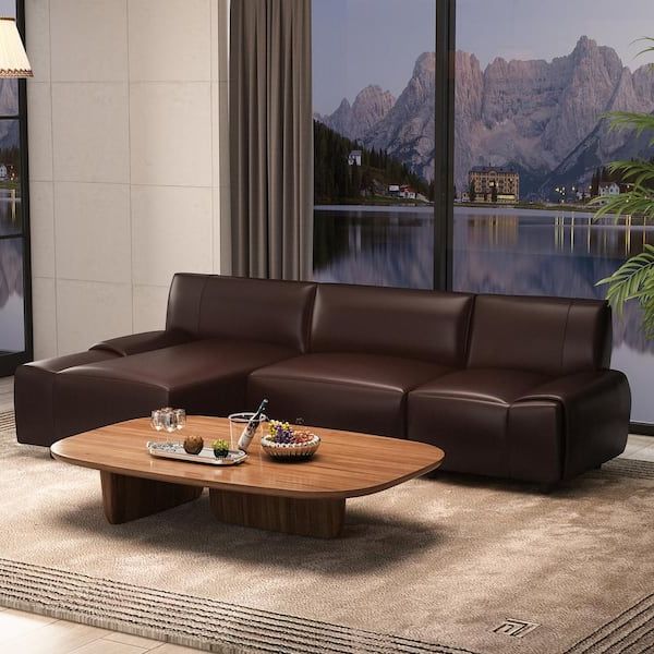 Well Known Faux Leather Sofas In Chocolate Brown Pertaining To Fufu&gaga 108.3 In. Width Armless High Back Faux Leather High Resilience  Sponge Filling 3 Seat L Shape Soft Sofa In Brown L Thd 390040 01+02+03 C –  The Home Depot (Photo 2 of 10)