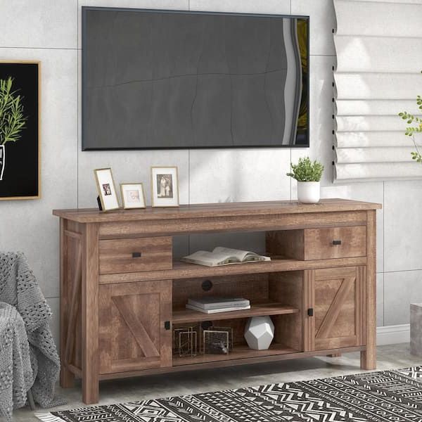 Well Known Godeer 57.90 In. Barnwood Tv Stand With 2 Drawers Fits Tv's Up To 65 In.  With Open Style Shelves Sliding Doors Aj627565eeh – The Home Depot Intended For Tv Stands With 2 Doors And 2 Open Shelves (Photo 4 of 10)