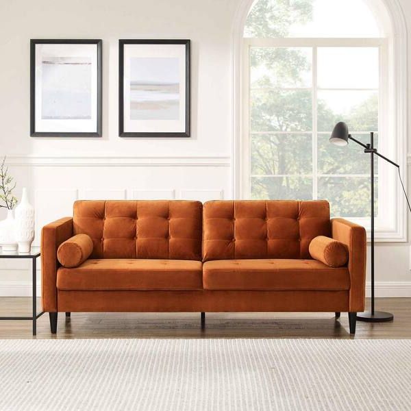 Well Known Mid Century 3 Seat Couches Pertaining To Minimore Kaci 79.1 In. W Square Arm Velvet Mid Century 3 Seat Straight Sofa  With Solid Wood Legs In Brown Mm Bj90001curry – The Home Depot (Photo 4 of 10)
