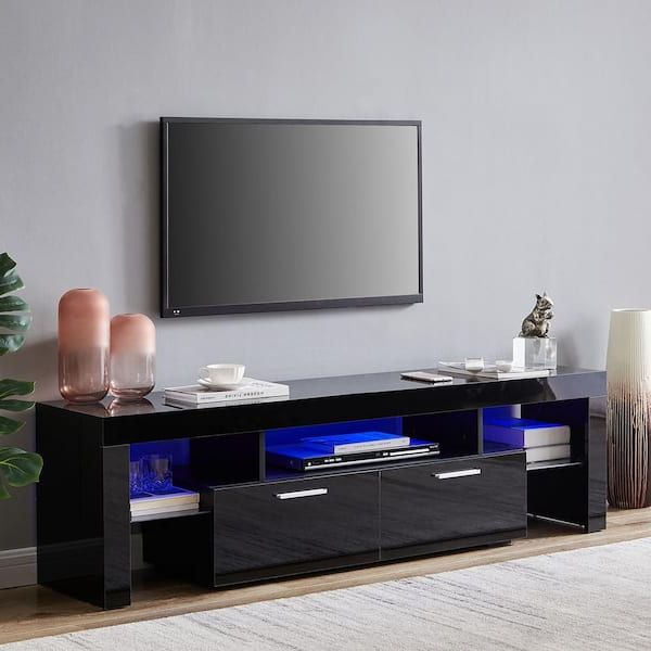 Well Known Modern Stands With Shelves Inside J&e Home 63 In. Black Modern Tv Stand With Led Lights And 2 Storage Drawers  Fits Tv's Up To 65 In Gd W67933435 – The Home Depot (Photo 4 of 10)