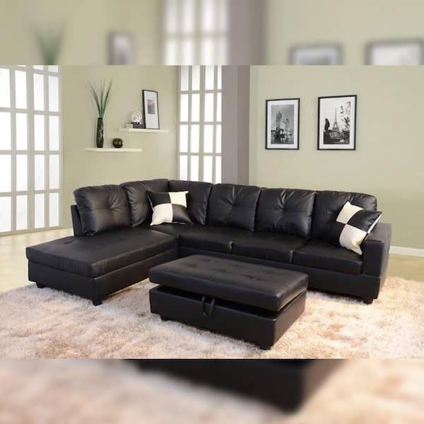 Well Known Star Home Living Black Faux Leather 3 Seater Right Facing Chaise Sectional  Sofa With Storage Ottoman Sh091b – The Home Depot Within Right Facing Black Sofas (Photo 5 of 10)