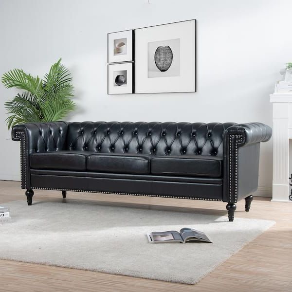 Well Known Traditional 3 Seater Sofas In 83.5 In. W Square Arm Traditional Faux Leather Pu 3 Seater Straight Sofa  With Removable Cushion In Black Ec Sfbe 8294 – The Home Depot (Photo 1 of 10)