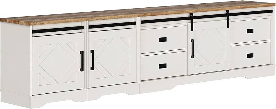 Well Liked 110" Tvs Wood Tv Cabinet With Drawers With Amazon: Wampat Farmhouse Tv Stand For Up To 110" Tvs Wood 3 In 1 Tv  Cabinet With Drawers And Adjustable Shelf For Living Room, Cream White :  Home & Kitchen (Photo 4 of 10)