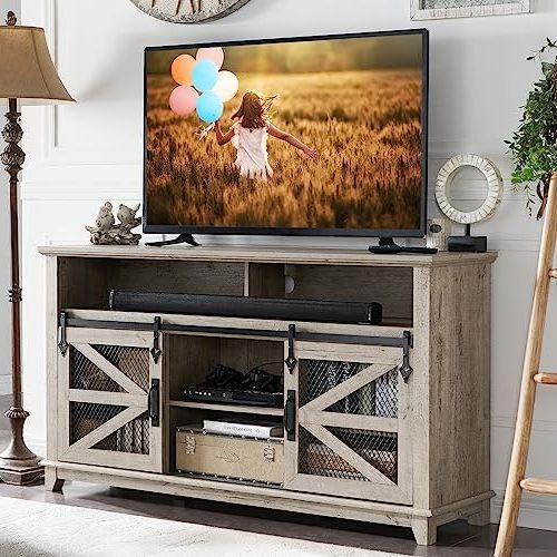 Well Liked Amazon: Okd Farmhouse Stand For 65+ Inch Tv, Industrial & Farmhouse  Media Entertainment Center With Sliding Barn Door, Rustic Console Cabinet  W/adjustable Shelves For Living Room, Light Rustic Oak : Home & With Regard To Farmhouse Media Entertainment Centers (Photo 6 of 10)