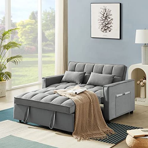 Well Liked Queen Size Convertible Sofa Beds Throughout Klmm Modern Convertible Sofa Bed With Adjustable Backrest And 2 Lumbar  Pillows, Velvet Loveseat Sleeper Sofa Couch With Pull Out Bed For Small  Spaces (grey+velvet9) In Saudi Arabia (View 8 of 10)