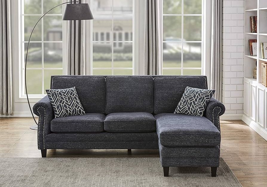 Well Liked Sofas With Nailhead Trim Regarding Amazon: Legend Vansen Nailhead Trim L Shaped Couch With Chaise  Sectional Chenille Reversible Sofa, 91.5'', Blue : Home & Kitchen (Photo 8 of 10)