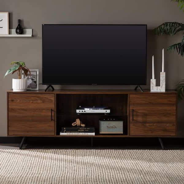 Well Liked Walker Edison Furniture Company 70 In. Dark Walnut Composite Tv Stand 75  In. With Doors Hd70nordw – The Home Depot Regarding Walnut Entertainment Centers (Photo 10 of 10)