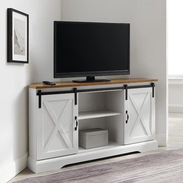 Welwick Designs 52 In. Reclaimed Barnwood And Solid White Wood Farmhouse  Corner Tv Stand With 2 Sliding Barn Doors Fits Tvs Up To 58 In. Hd8884 –  The Home Depot In 2017 Farmhouse Tv Stands (Photo 4 of 10)