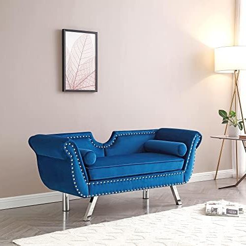 Widely Used Amazon: Holaki 61"velvet Loveseat,upholstered Chesterfield Sofa With 2  Round Pillows,mid Century Modern Settee Love Seat With Nailhead Trim Curved  Backrest Roll Arm,metal Legs,small Sofa For Living Room(blue) : Home &  Kitchen Throughout Small Love Seats In Velvet (Photo 5 of 10)