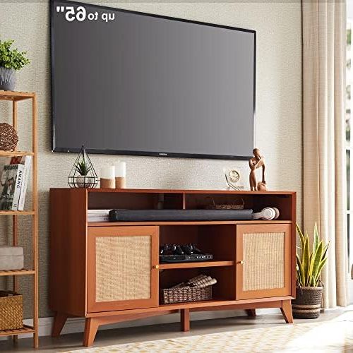 Widely Used Amazon: Okd Tv Stand For 65+ Inch Tv, Mid Century Modern Media Tv  Console, 32'' Tall Highboy Entertainment Center With Natural Rattan Door,  Adjustable Shelves, Boho Television Stand, Cherry : Electronics Throughout Modern Stands With Shelves (View 3 of 10)