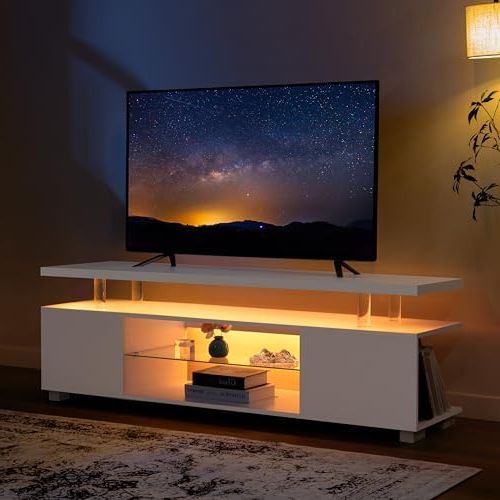 Widely Used Tv Stands With Lights In Amazon: Cubehom White Tv Stand For 65 70 Inch Tv Modern Led Tv Console  Entertainment Center With Storage For Living Room : Everything Else (Photo 2 of 10)