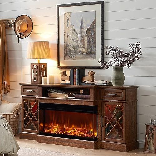 Wood Highboy Fireplace Tv Stands For Most Recently Released Amazon: Okd 3 Sided Glass Farmhouse Fireplace Tv Stand For Tvs Up To  80'', Highboy Entertainment Center With Glass Door Storage Cabinet, 70''  Large Tv Stands With 36'' Electric Fireplace, Reclaimed Barnwood : (View 2 of 10)