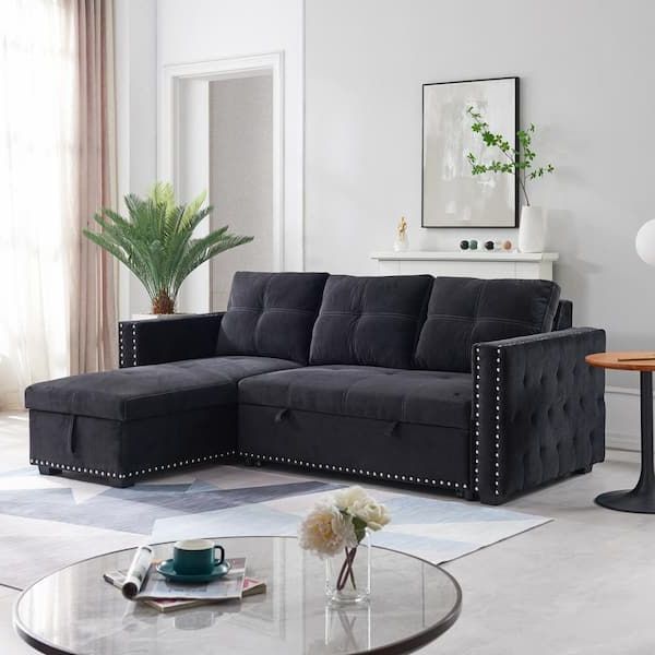 Z Joyee 91 In W 3 Seats Velvet L Shaped Modern Sectional Sofa With Storage  Black Ljp W487s00008 – The Home Depot Throughout Favorite 3 Seat L Shaped Sofas In Black (Photo 1 of 10)