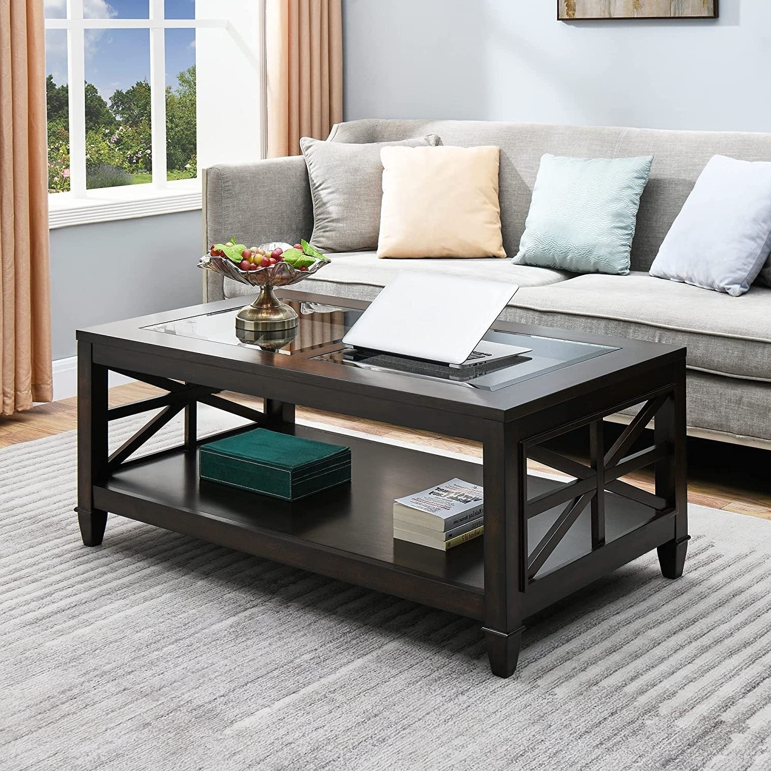 2019 2 Tier 45.5" X 26" Solid Wood Coffee Table Tempered Glass Top – On Sale –  Bed Bath & Beyond – 36540528 Intended For Wood Tempered Glass Top Coffee Tables (Photo 10 of 10)