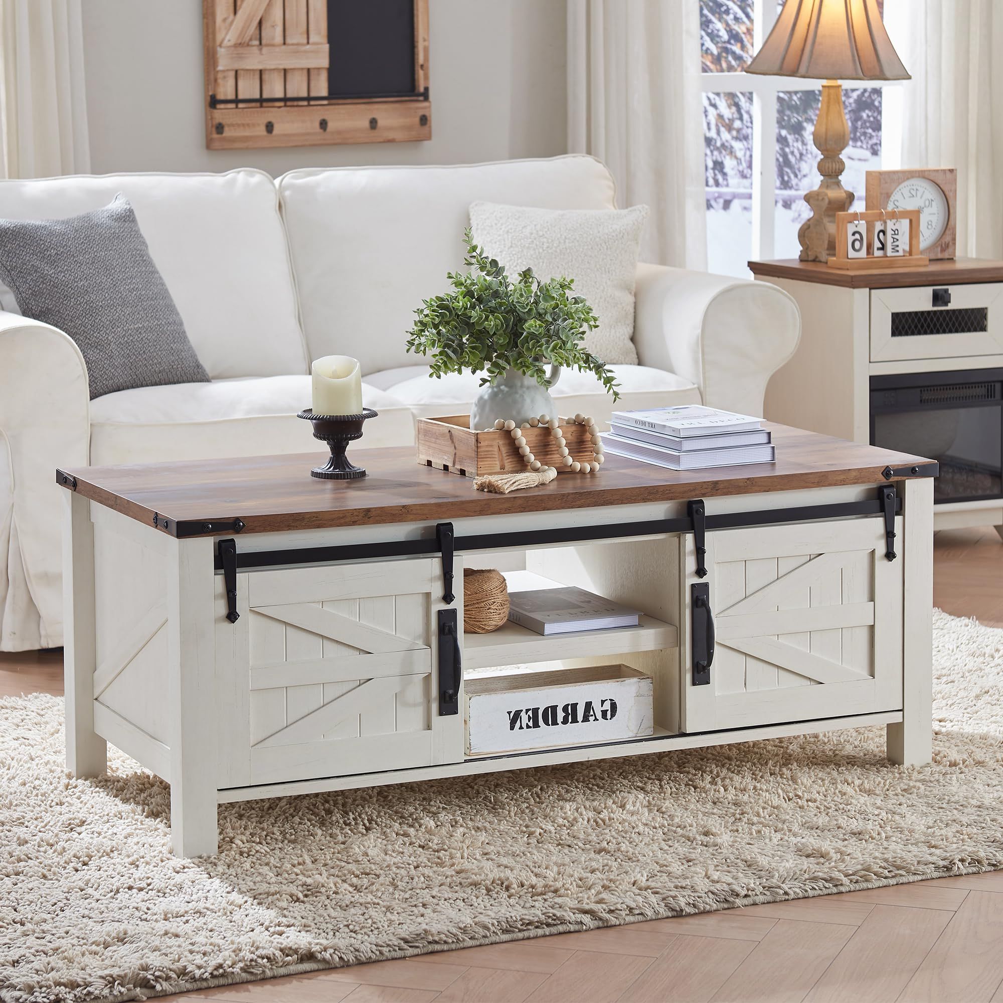 2019 Coffee Tables With Sliding Barn Doors Pertaining To Amazon: Okd Farmhouse Coffee Table, 48" Storage Center Table With Sliding  Barn Doors, Rustic Wood Rectangular Cocktail Table With W/adjustable  Shelves For Living Room, Antique White : Home & Kitchen (View 2 of 10)