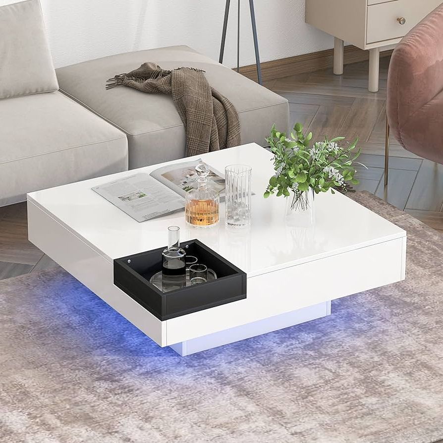 2019 Detachable Tray Coffee Tables With Regard To Amazon: Modern Minimalist Design Coffee Table Detachable Tray And  Plug In 16 Color Led Strip Lights, 31.5 Inch Linear Design Cocktail Table,  Easy Assemble Smooth Furniture For Home, Office (white) : Home & Kitchen (Photo 3 of 10)