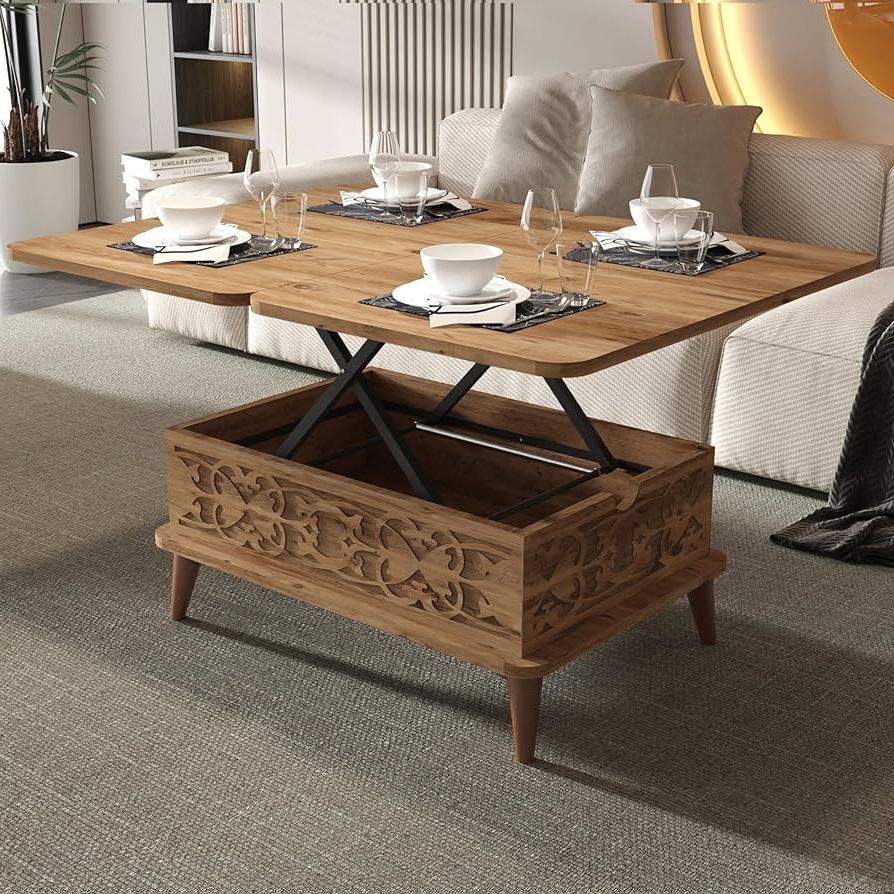 2019 Lift Top Coffee Table 6 In 1, Walnut Table, Dining Table, Extendable Table,  Natural : Amazon.co.uk: Home & Kitchen Inside Lift Top Coffee Tables (Photo 4 of 26)