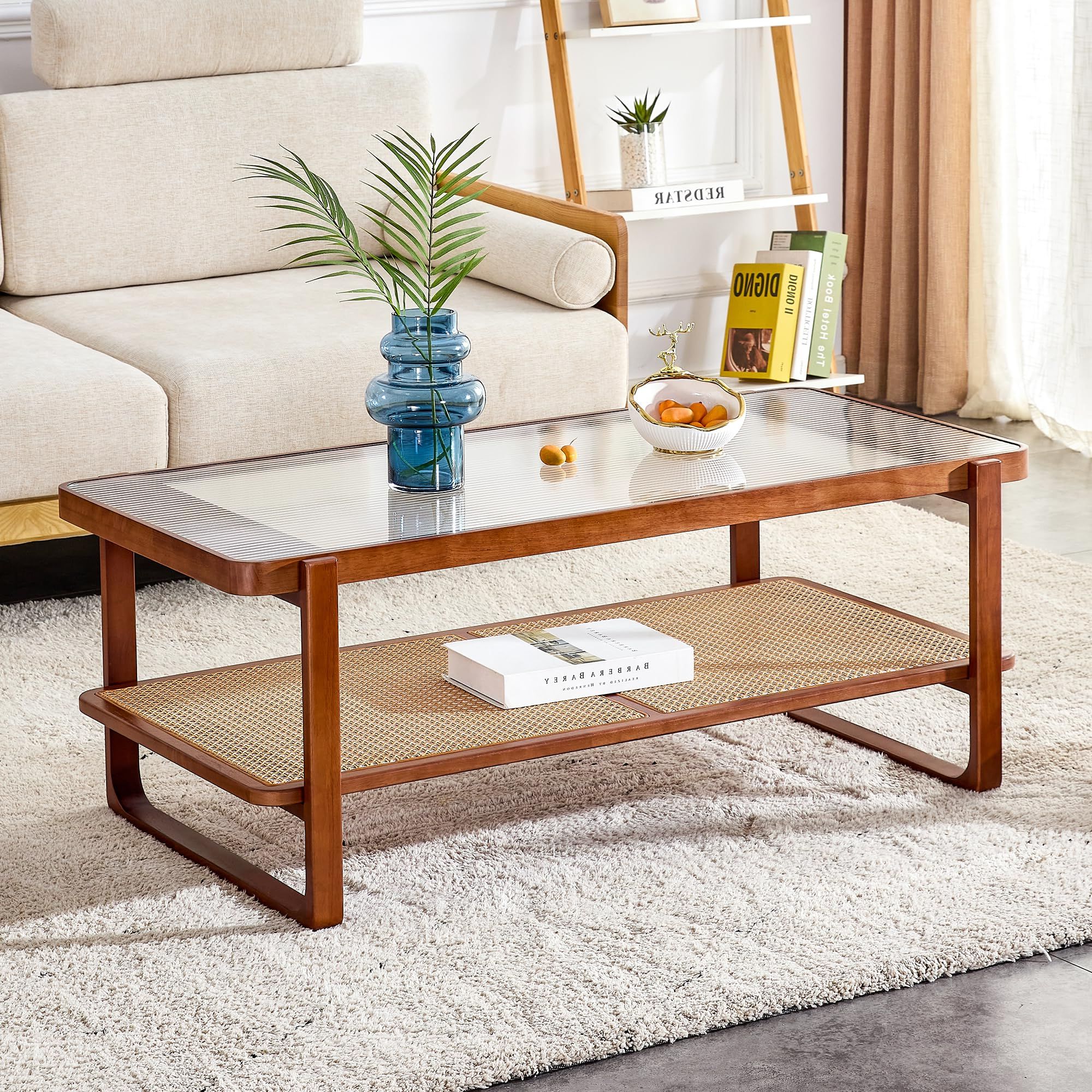 2019 Mid Century Modern Coffee Tables Inside Amazon: Ganooly Mid Century Modern Coffee Table With Ribbed Glass Top  And Pe Rattan Storage Shelf, 45 Inch Rectangular Solid Wood Boho Coffe Table,  Unique Center Table For Livinig Room Apartment Small (View 5 of 10)