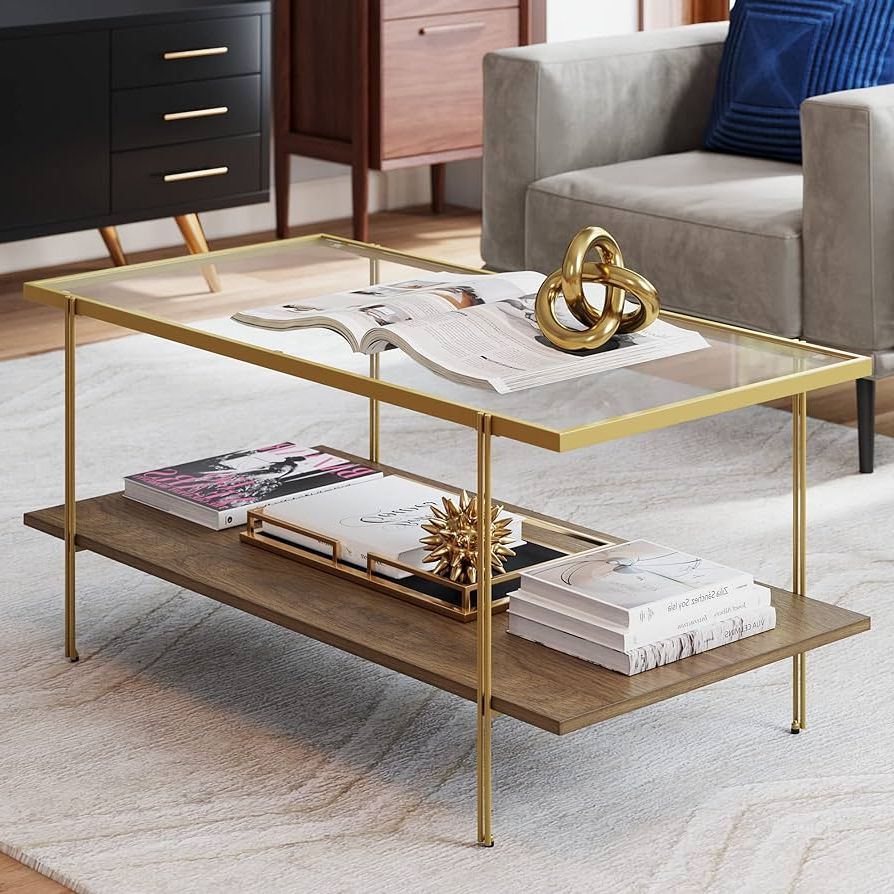 2019 Nathan James Asher Mid Century Rectangle Coffee Table, Glass Top And Rustic  Floating Shelf For Storage With Sleek Brass Metal Legs To Accent Any Modern  Industrial Living Room, Gold/oak : Amazon.co (View 9 of 10)