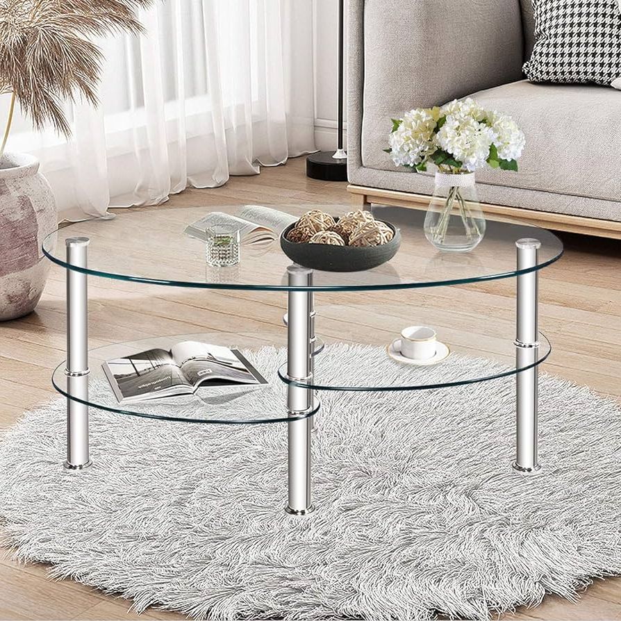 2019 Oval Glass Coffee Tables Within Amazon: Powerstone Oval 3 Tier Tempered Glass Coffee Table Small Modern  Center Table For Home Office,living Room,small Spaces : Home & Kitchen (Photo 5 of 10)