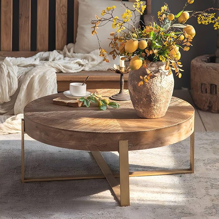 2020 Amazon: Gexpusm Round Wooden Coffee Table, Solid Wood Coffee Table For  Living Room, Mid Century Golden Cross Table Legs And Wood Carved Tabletop,  32.28 X 32.28 X 13.19 In : Home & Kitchen Inside Coffee Tables With Solid Legs (Photo 1 of 10)