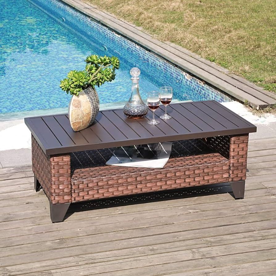 2020 Amazon: Sunsitt Outdoor Wicker Coffee Table With Waterproof Cover, 43"  Brown Rattan Patio Table With Aluminum Slat Top : Everything Else Throughout Waterproof Coffee Tables (View 8 of 10)