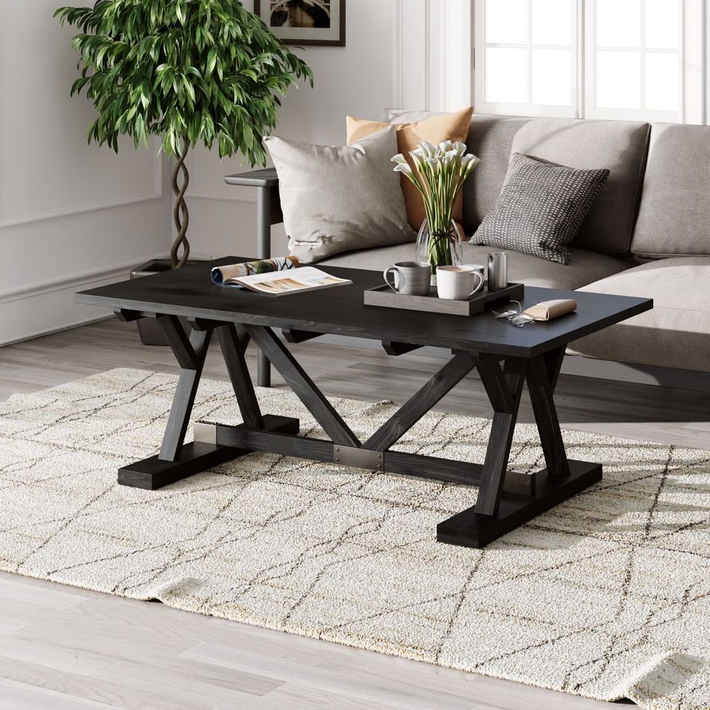 2020 Maddox Black Painted Coffee Table, Solid Mango Wood Rectangular Top With  Trestle Base Intended For Rectangular Coffee Tables With Pedestal Bases (Photo 10 of 10)