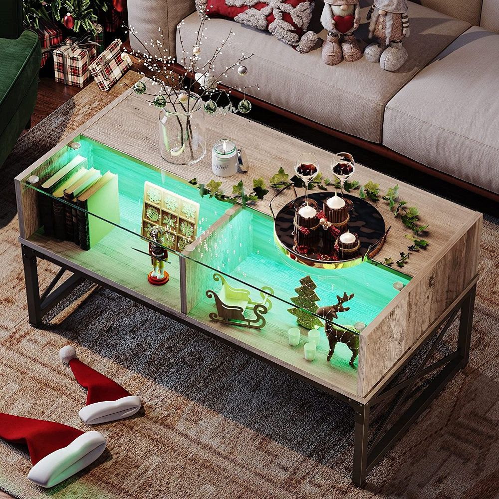 42 Inch Glass Coffee Table With Led Light & Storage For Living Room Rustic (View 8 of 10)
