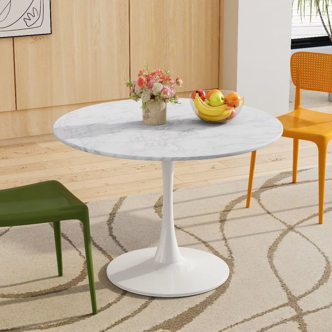 42" Round Dining Table With Printed Marble Table Top, Metal Base Pedestal  Kitchen Table For 4 6 Person, Side Table Coffee Table For Living Room  Dining Room Kitchen Small Space, White – Walmart Regarding Newest Coffee Tables For 4 6 People (Photo 9 of 10)