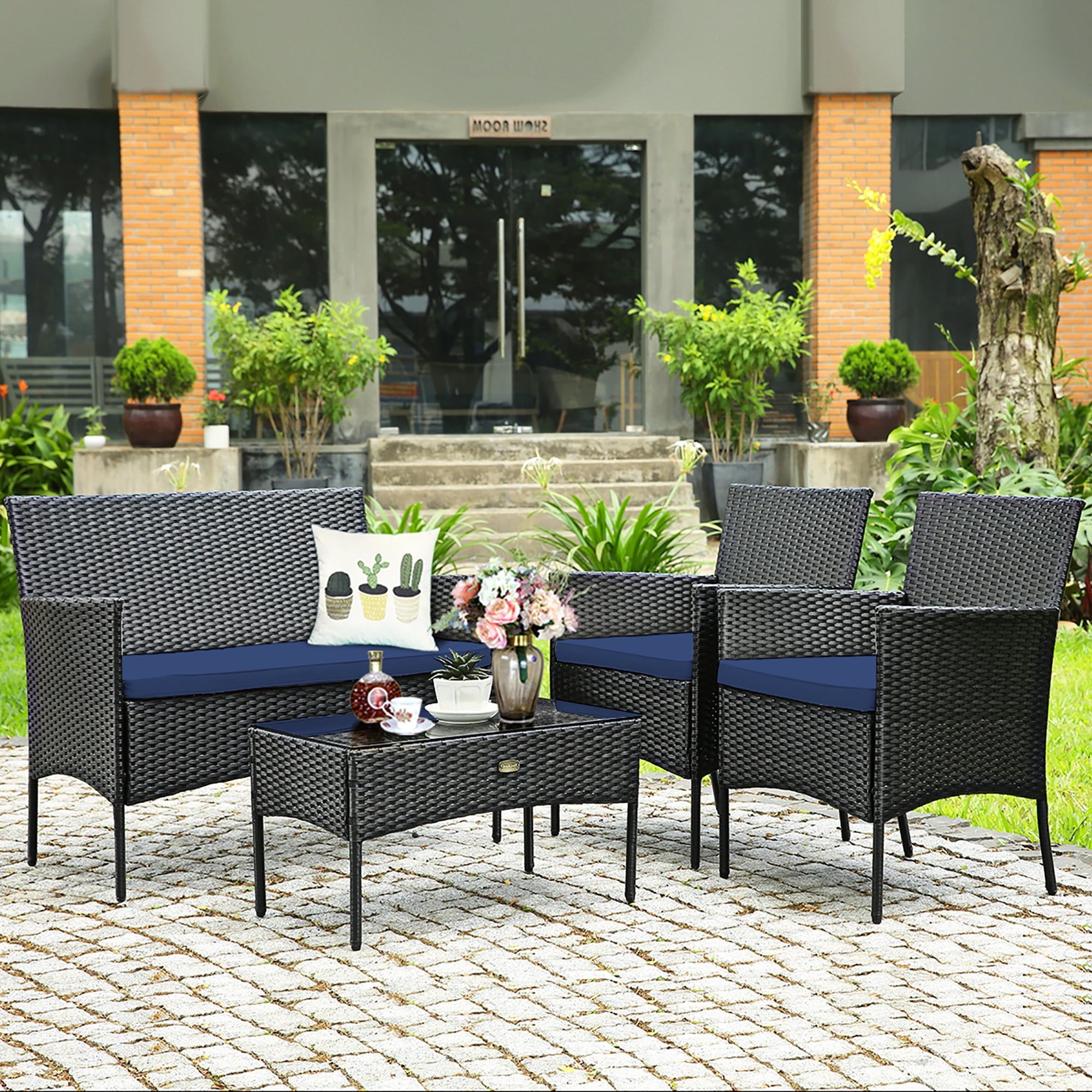 4pcs Rattan Patio Coffee Tables With Regard To Famous Costway 4pcs Patio Wicker Furniture Set Coffee Table Cushions W/off White &  Navy Cover – Walmart (Photo 6 of 10)
