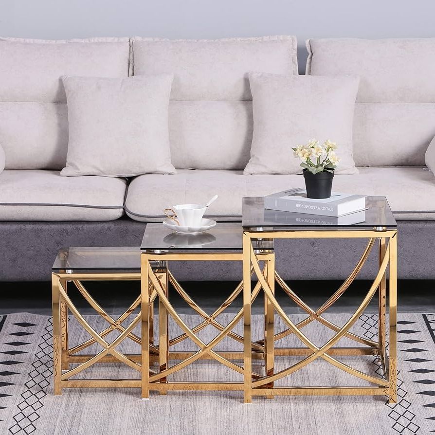Amazon: 18.5"w Coffee Table Set Of 3, Nesting End Table 3 Pieces Side  Tables Coffee Tables W/ Gray Tempered Glass & Gold Metal Frame, End Table  Set For Small Space, Accent, Living Inside Well Liked Coffee Tables Of 3 Nesting Tables (Photo 1 of 10)