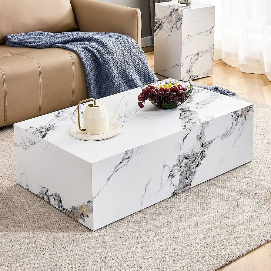 Amazon: 39.37" Marble Coffee Table, Rectangular Coffee Table With Faux  Marble Top And Pedestal Base, Modern Cocktail Table Center Table For Living  Room Office : Home & Kitchen Throughout Newest Rectangular Coffee Tables With Pedestal Bases (Photo 9 of 10)