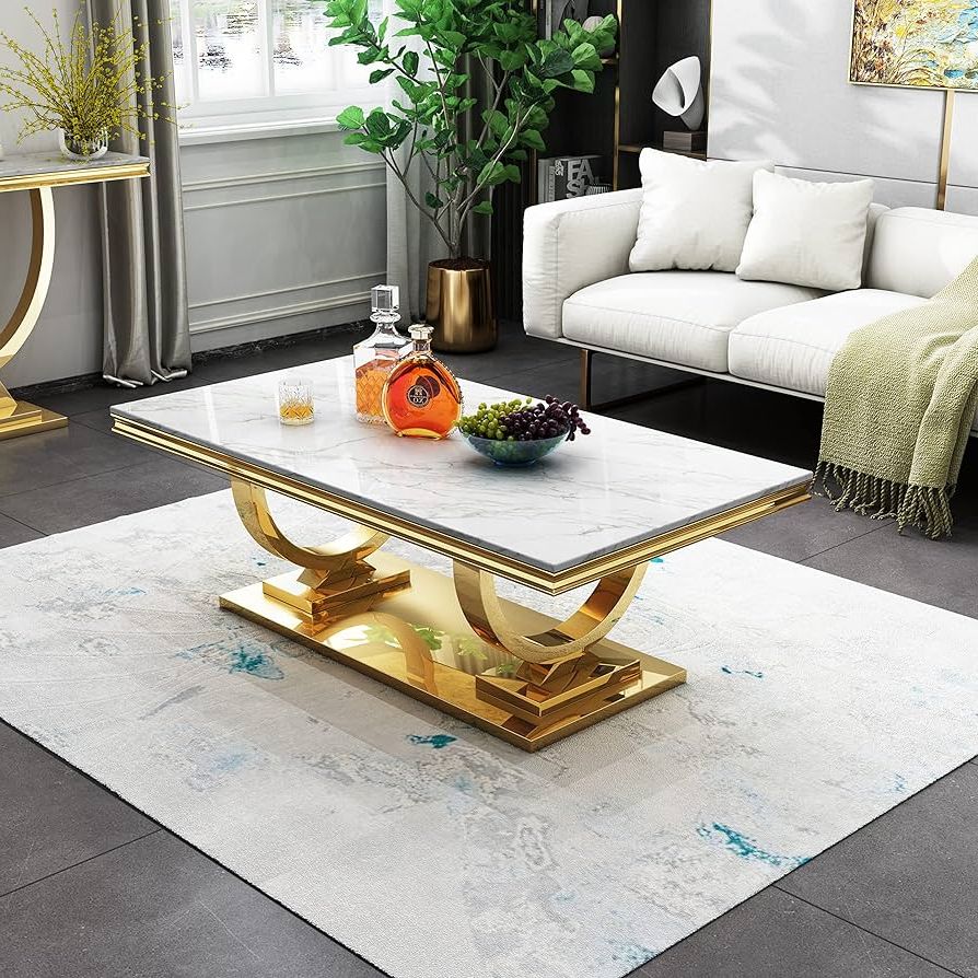Amazon: 47" Rectangular Marble Coffee Table, Modern Luxury Living Room  Center Table, Mid Century Elegant White Faux Marble Cocktail Table With  O Shape Gold Mirrored Stainless Steel Pedestal Base : Home & Kitchen For Fashionable Rectangular Coffee Tables With Pedestal Bases (View 6 of 10)