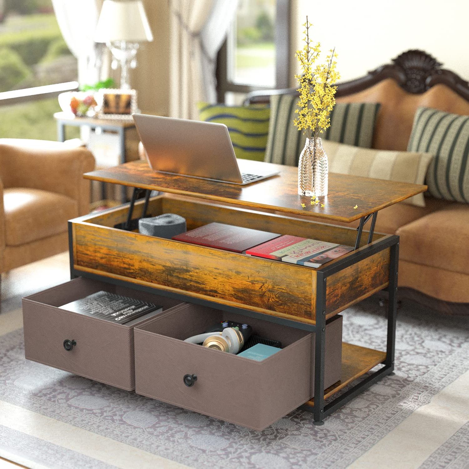 Amazon: Astarth Lift Top Coffee Table, Industrial Wood Storage Shelf  Cabinet For Living Room Reception Room Office, Pop Up Storage, Open Shelf  Rising Center/end Table For Living Room Reception (black Brown) : Everything Pertaining To Most Recent Coffee Tables With Open Storage Shelves (View 5 of 10)