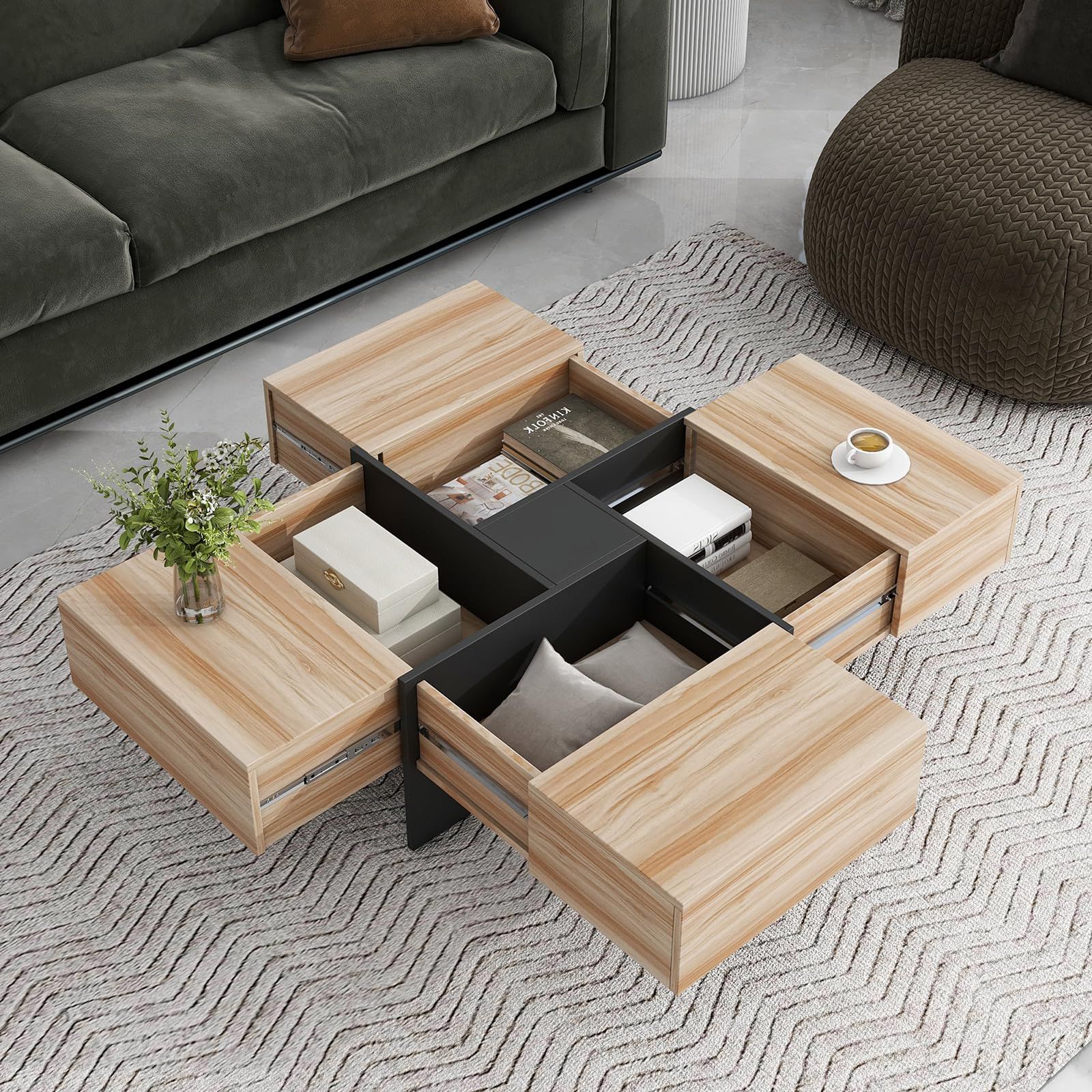 Amazon: Dhaey Square Coffee Table With 4 Hidden Storage Compartments,  Center Table With Extendable Sliding Tabletop, Cocktail Table Tea Table End  Table Sofa Side Table Living Room Table, Brown : Home & Throughout Fashionable Modern Coffee Tables With Hidden Storage Compartments (Photo 3 of 10)
