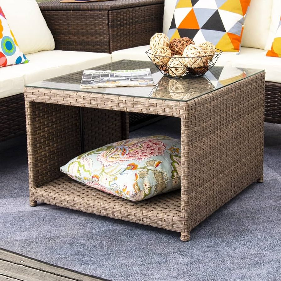 Amazon: Dimar Garden Outdoor Coffee Table Wicker Patio Rattan Side Table  With Storage And Glass Top, Modern Life Luxury Choice, Light Brown : Patio,  Lawn & Garden In Fashionable Modern Outdoor Patio Coffee Tables (Photo 3 of 10)