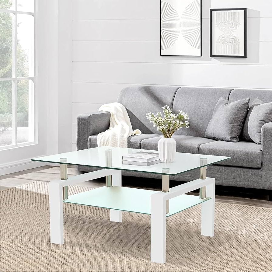 Amazon: Dklgg Glass Coffee Table, Rectangle Center Table Living Room  Tables With Lower Shelf, 2 Tier Modern White Coffee Table W/metal Tube  Legs, Glass Tables For Living Room Waiting Area, White : Home Within Well Known Glass Coffee Tables With Lower Shelves (View 7 of 10)